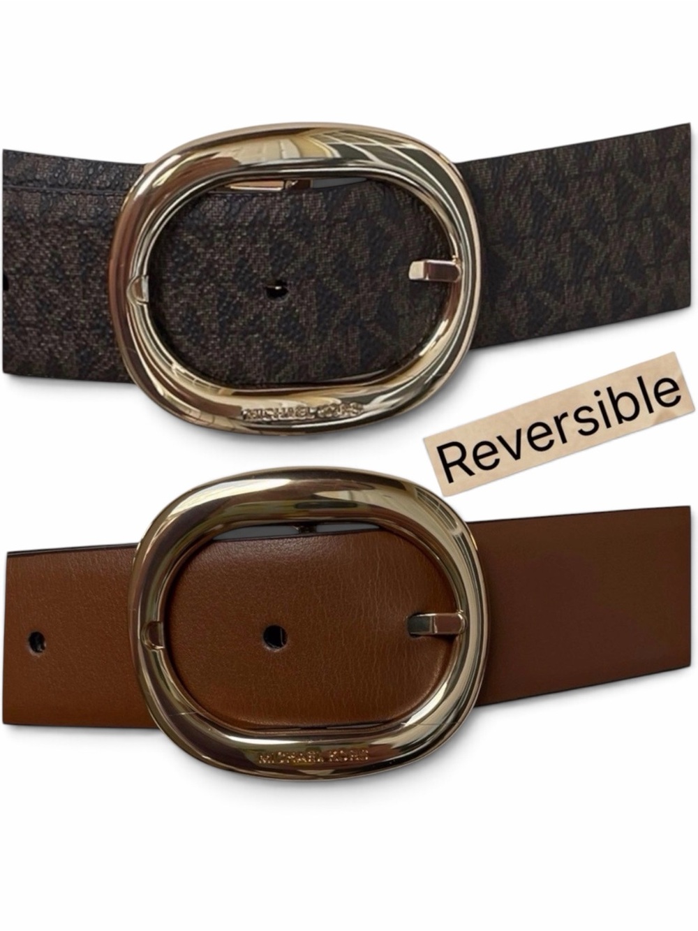 Michael Kors Reversible Brown & Beige Belt, w/ Gold Accents. 40”. NWT
